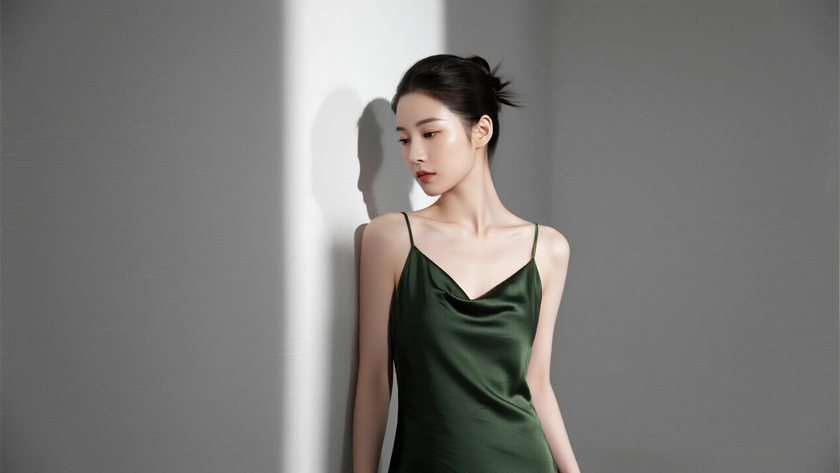 AI氛围感模特气质低挽发髻温婉女生侧脸墨绿底色,桌面壁纸