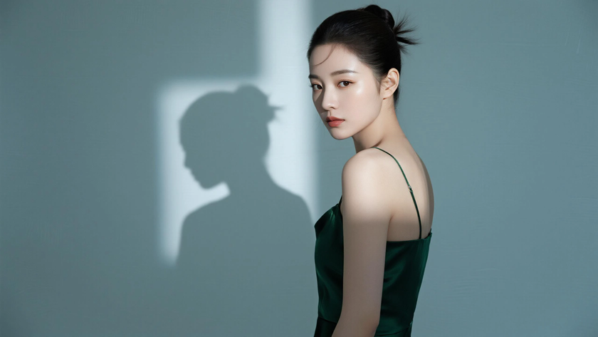 AI纯色极简模特气质墨绿复古雅致女生,无水印壁纸