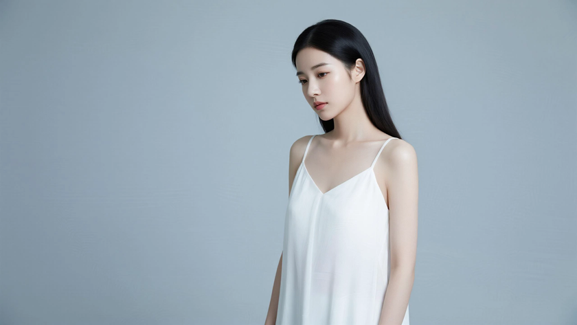 AI氛围感模特气质中分黑长直纯净女生侧脸纯白底色,桌面壁纸