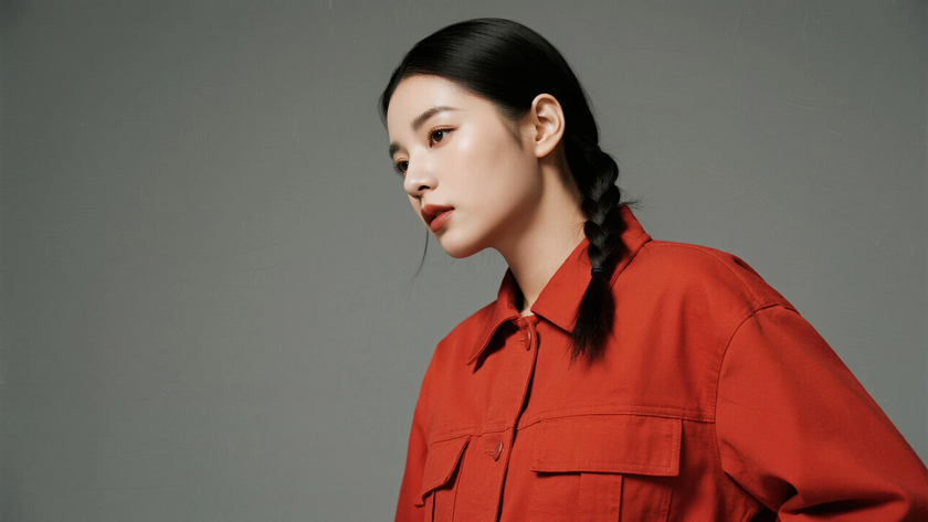 AI氛围感模特气质侧边细辫松弛女生侧脸砖红底色,桌面壁纸