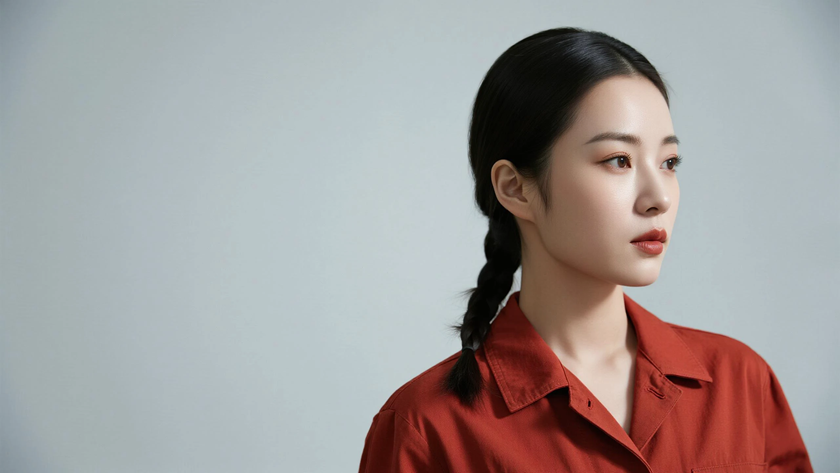AI模特气质穿搭砖红工装西装随性女生正面纯色背景,电脑壁纸