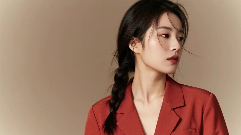 AI纯色极简模特气质砖红复古时髦女生,无水印壁纸