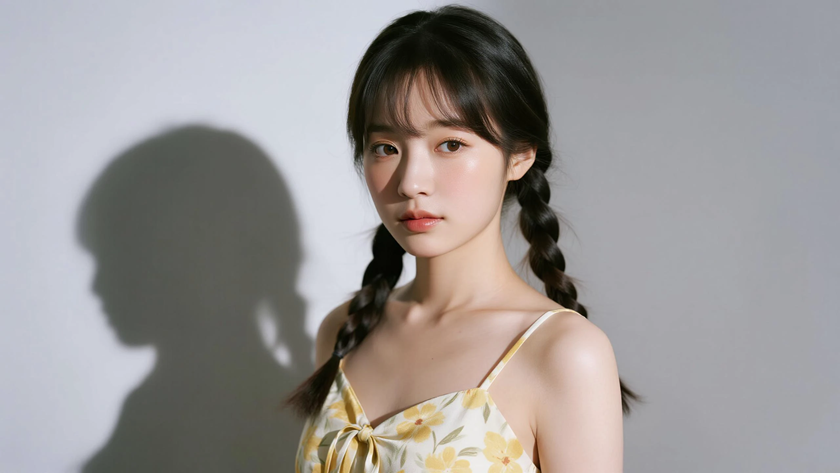 AI纯色极简模特气质浅黄清爽元气少女,无水印壁纸
