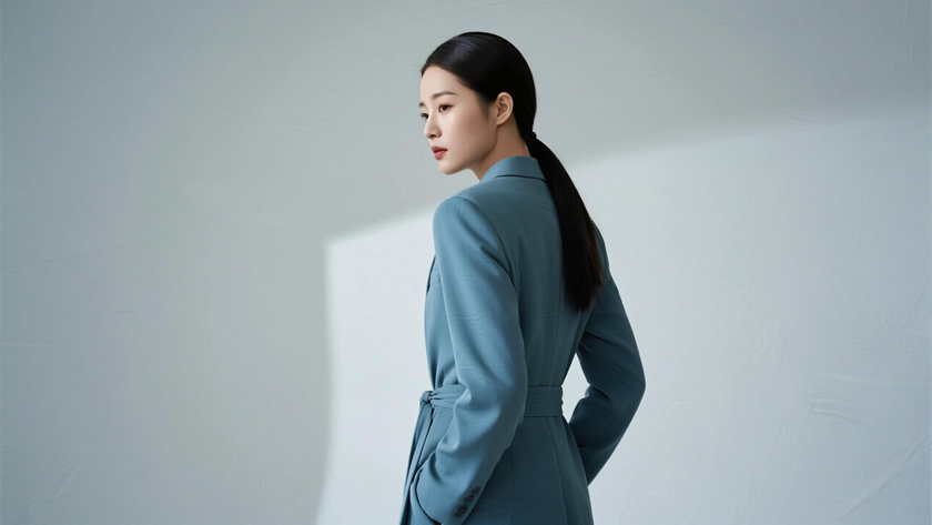 AI氛围感模特气质后梳束发干练女生侧脸雾蓝底色,桌面壁纸