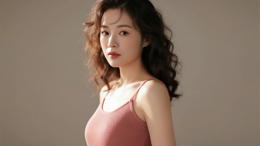 AI氛围感模特气质短泡面卷发柔和少女侧脸豆沙底色,桌面壁纸