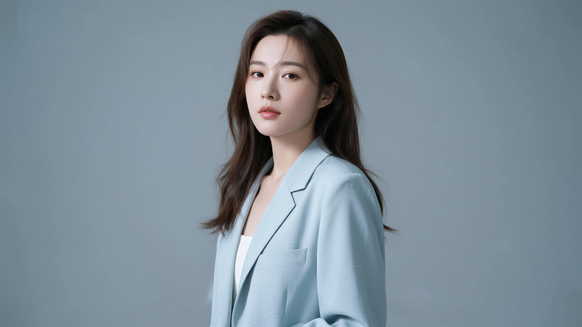 AI模特气质穿搭浅灰蓝轻薄西装简约女生正面纯色背景,电脑壁纸