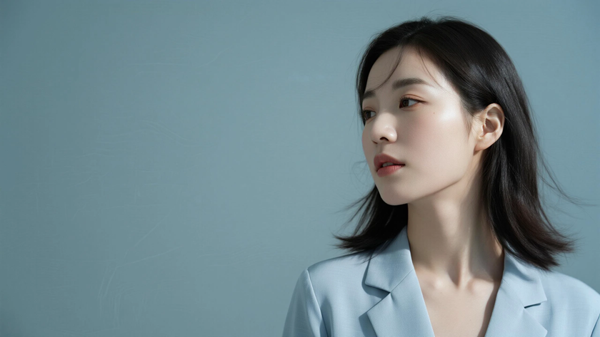 AI氛围感模特气质外翻短发清冷少女侧脸灰蓝底色,桌面壁纸