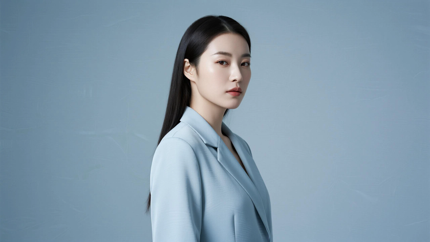 AI纯色极简模特气质浅灰蓝素雅清冷女生,无水印壁纸