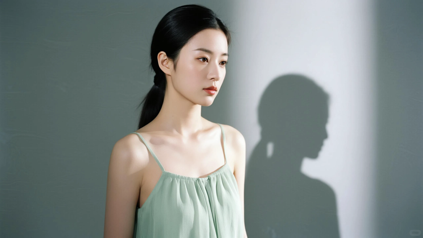 AI氛围感模特气质半扎高马尾恬静少女侧薄荷底色,桌面壁纸