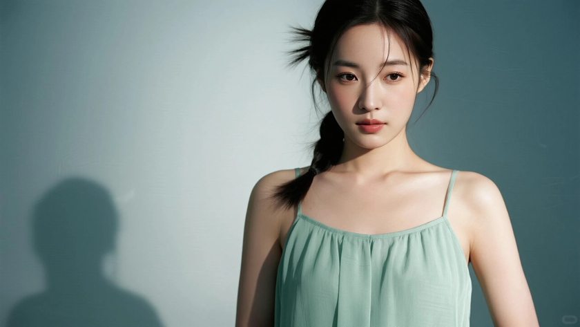 AI纯色极简模特气质薄荷绿干净恬静少女,无水印壁纸