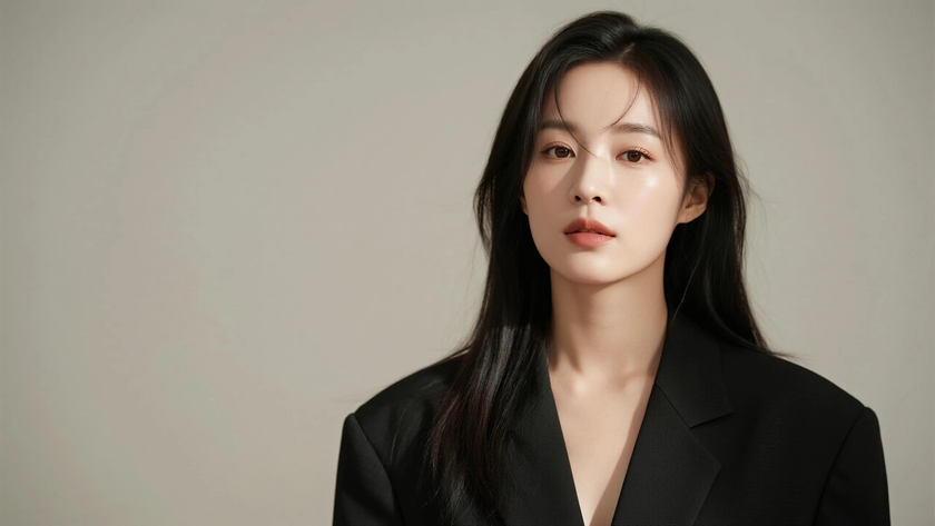 AI模特气质穿搭黑灰廓形西装冷感女生正面纯色背景,电脑壁纸