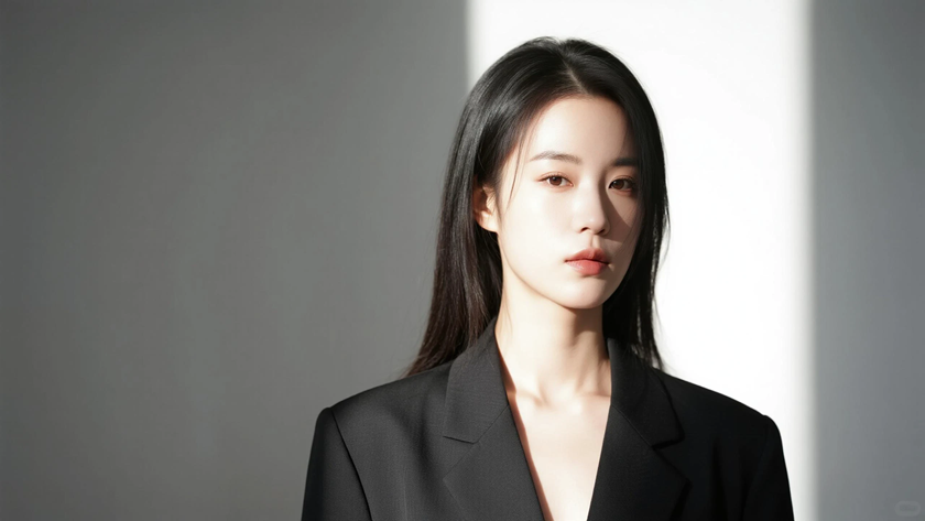 AI氛围感模特气质松散披肩长发极简女生侧脸黑灰底色,桌面壁纸