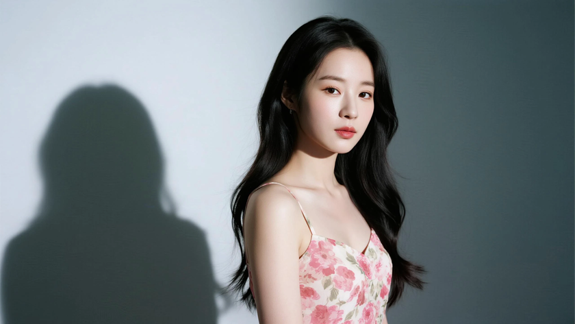 AI清新治愈美女蜜桃粉碎花雪纺吊带长裙纯色电脑壁纸