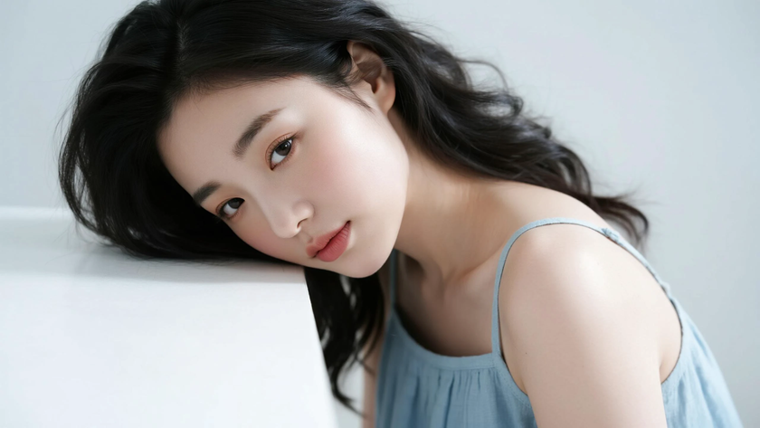 AI清新治愈美女雾灰蓝棉麻吊带长裙纯色电脑壁纸