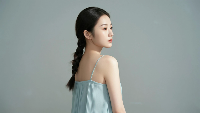 AI清新治愈美女浅青灰压褶雪纺吊带长裙纯色电脑壁纸