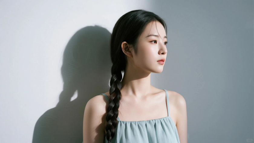 AI单侧细麻花垂腰长发素雅女生浅青灰底色桌面壁纸