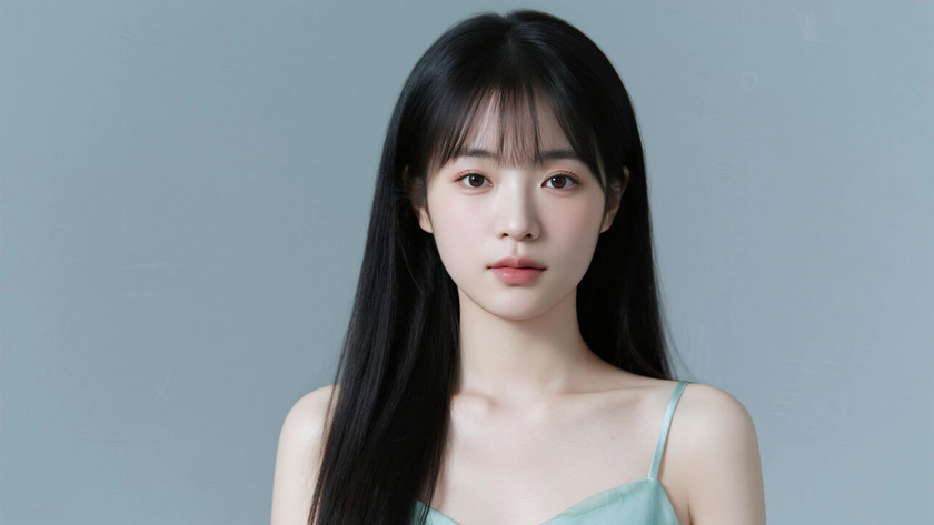 AI清新治愈美女薄荷奶绿薄纱吊带长裙纯色电脑壁纸