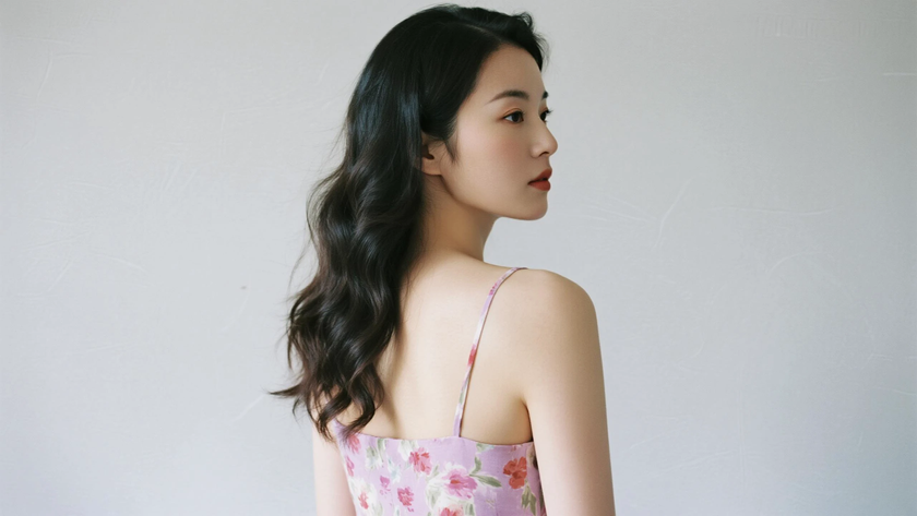 AI清新治愈美女藕荷色大碎花吊带长裙纯色电脑壁纸