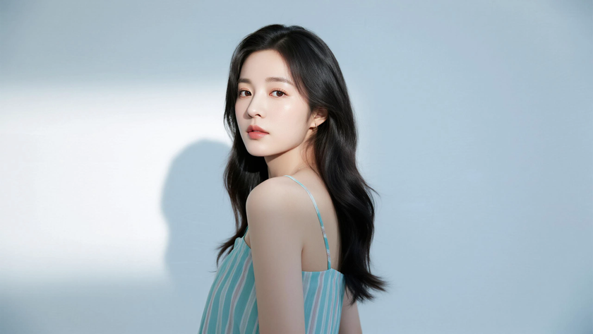AI清新治愈美女浅湖青条纹雪纺吊带长裙纯色电脑壁纸