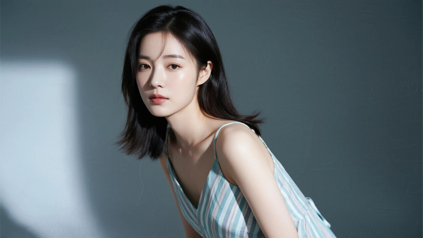 AI温柔内扣锁骨长发恬淡女生浅湖青底色桌面壁纸