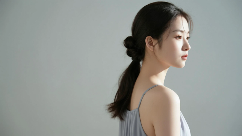 AI侧边低挽花苞长发安静女生淡芋灰底色桌面壁纸