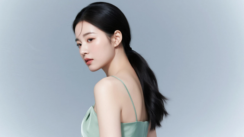 AI清新治愈美女浅墨绿净面雪纺吊带长裙纯色电脑壁纸