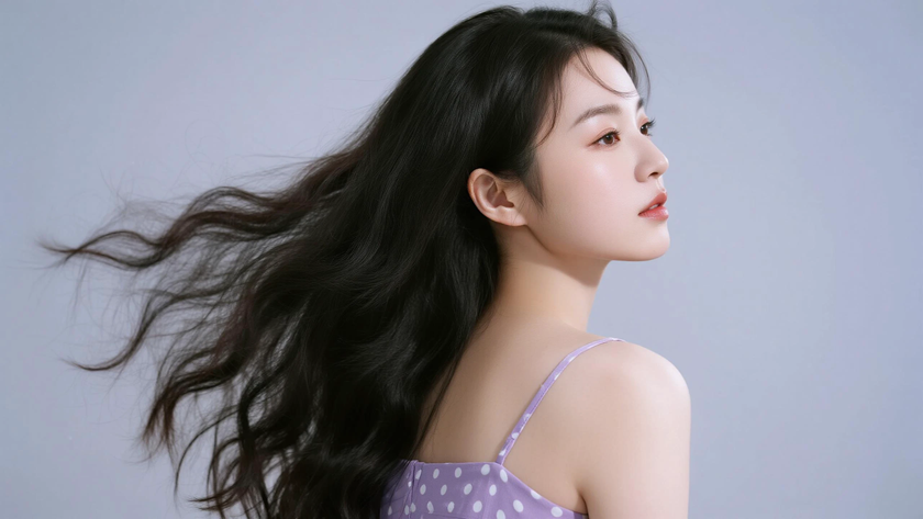 AI侧分水波纹长发静谧女生浅芋紫底色桌面壁纸