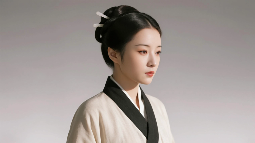 AI国风古风穿搭秦朝曲裾深衣优雅女生正面纯色背景，电脑壁纸