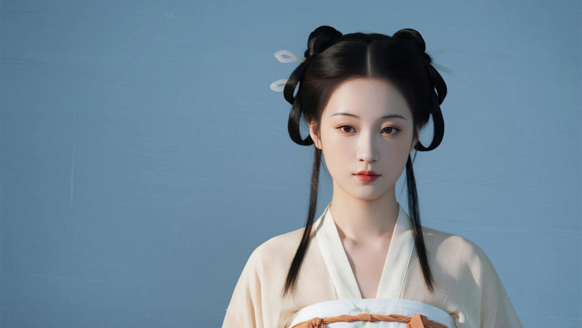 AI国风古风穿搭夏朝高腰襦裙古典少女正面纯色背景，电脑壁纸