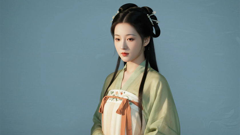 AI氛围感国风古风夏朝双丫髻柔美女生侧脸浅夏底色，桌面壁纸