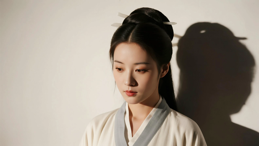 AI国风古风穿搭秦朝直裾深衣优雅女生正面纯色背景，电脑壁纸