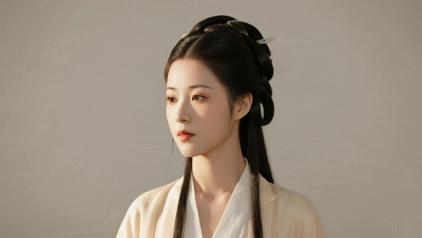 AI氛围感国风古风汉代同心髻古典女生侧脸汉代底色,桌面壁纸