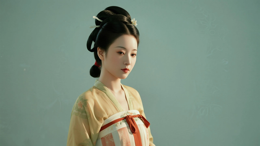 AI国风古风穿搭秦朝襦裙优雅女生正面纯色背景，电脑壁纸