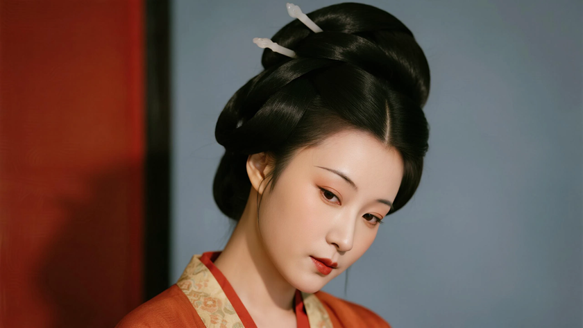 AI国风古风穿搭汉代旋袄温婉女生正面纯色背景,电脑壁纸
