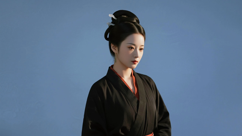 AI氛围感国风古风汉代元宝髻古典女生侧脸汉代底色,桌面壁纸