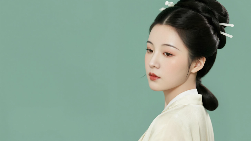 AI国风古风穿搭汉代背子温婉女生正面纯色背景，电脑壁纸