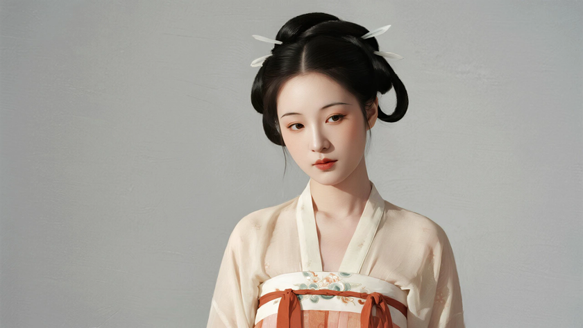 AI国风古风穿搭夏朝半臂襦裙古典少女正面纯色背景，电脑壁纸