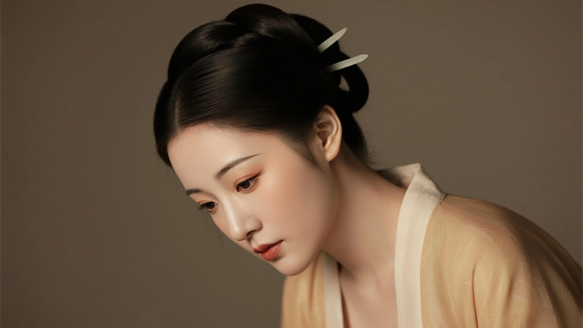 AI氛围感国风古风夏朝双刀髻柔美女生侧脸浅夏底色，桌面壁纸