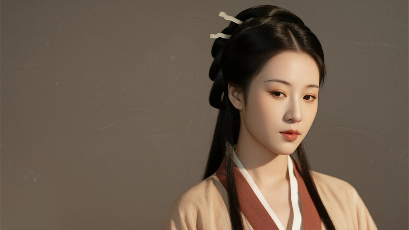 AI国风古风穿搭秦朝曲裾优雅女生正面纯色背景,电脑壁纸