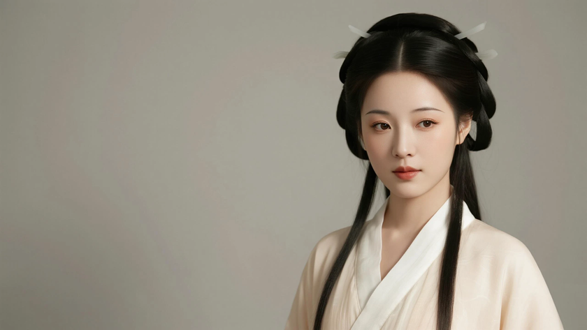 AI国风古风穿搭汉代大袖罗衫温婉女生正面纯色背景,电脑壁纸
