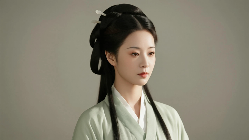 AI国风古风穿搭秦朝直裾优雅女生正面纯色背景，电脑壁纸