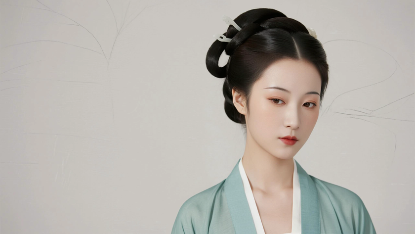 AI国风古风穿搭汉代旋袄裙温婉女生正面纯色背景，电脑壁纸