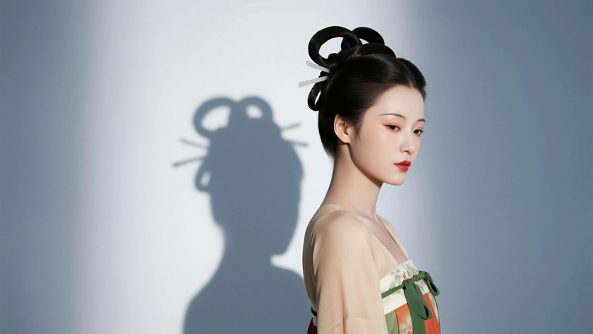 AI氛围感国风古风汉代同心髻古典女生侧脸汉代底色，桌面壁纸