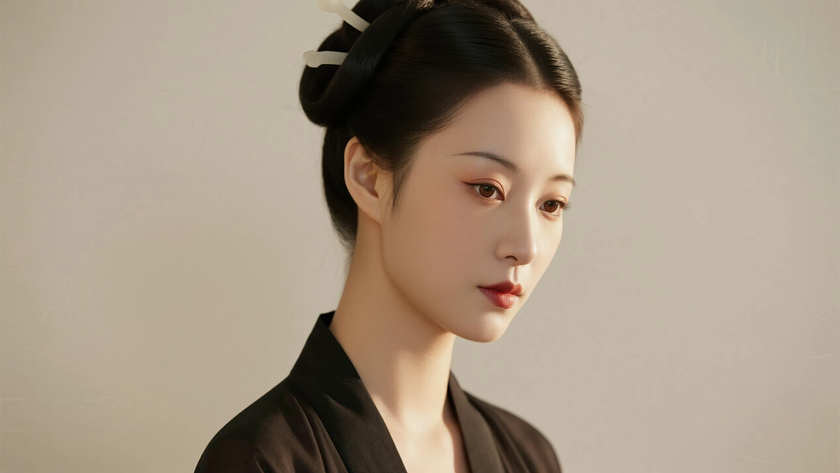 AI国风古风穿搭秦朝曲裾深衣优雅女生正面纯色背景,电脑壁纸