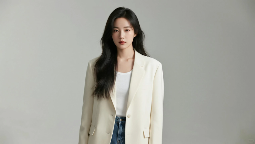 AI高颅顶披肩长发高级女生米白底色桌面壁纸