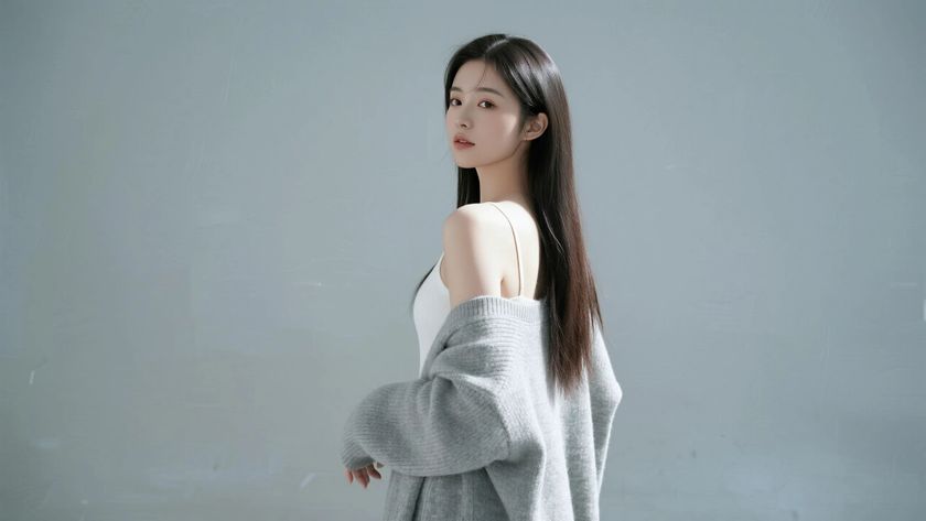AI低侧分披肩长发温柔女生浅灰蓝底色桌面壁纸
