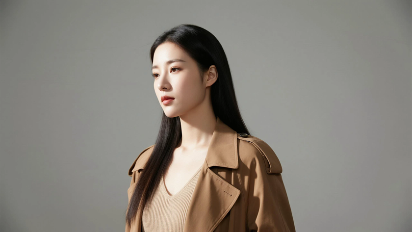 AI模特气质美人身穿驼色长风衣针织裙穿搭纯色电脑壁纸