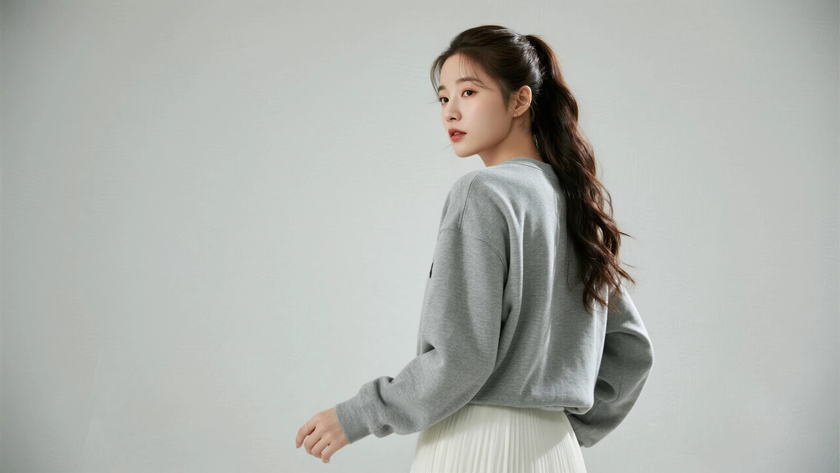 AI半披半扎慵懒卷发学院女生灰白底色桌面壁纸
