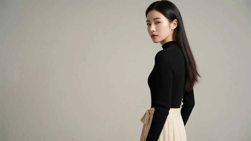 AI侧分披肩长发优雅女生米灰底色桌面壁纸