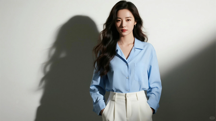 AI模特气质美人身穿浅蓝衬衫白西装裤穿搭纯色电脑壁纸